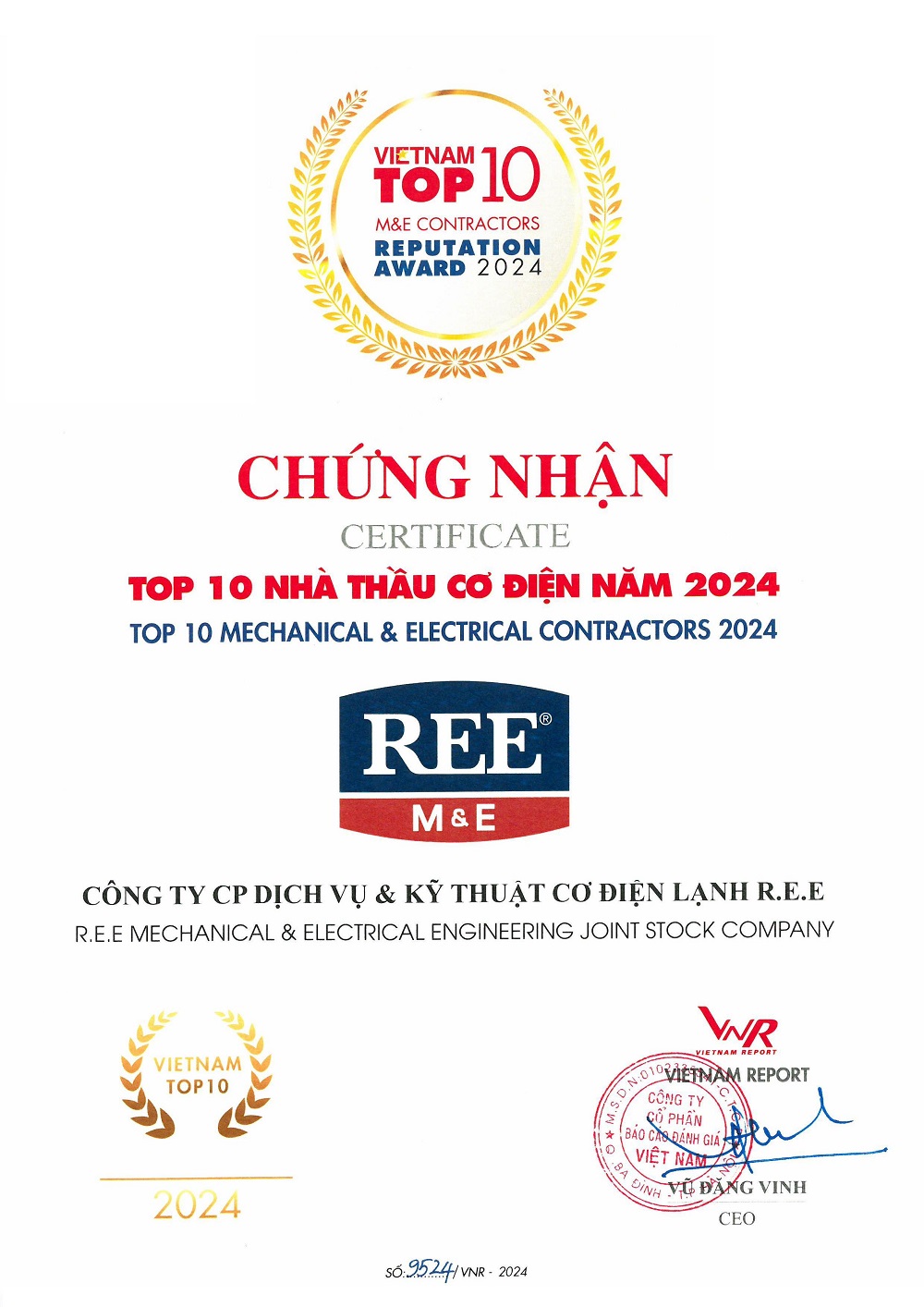 REE M&E vinh danh ở vị trí số một trong Top 10 Nhà thầu cơ điện